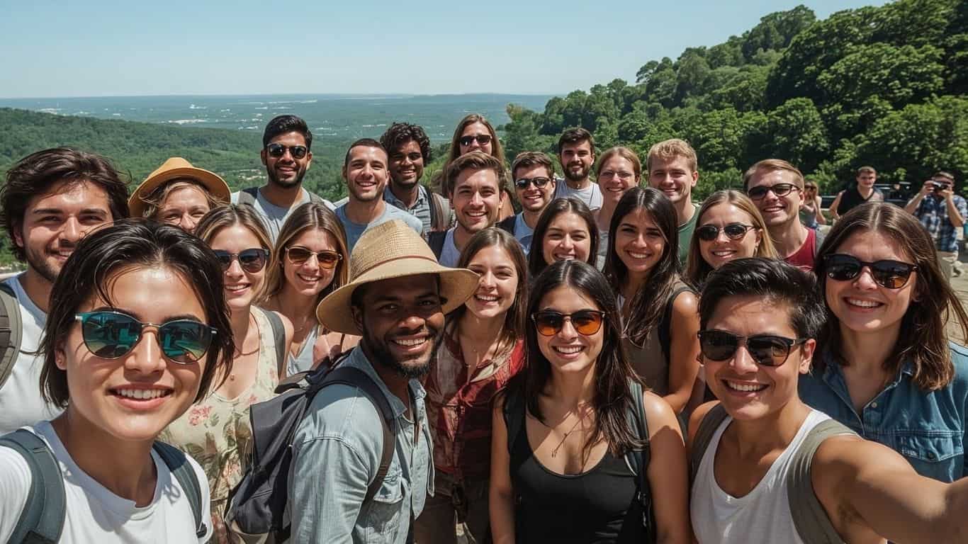 a community group of travelers from zimply global meeting up on a trip together.