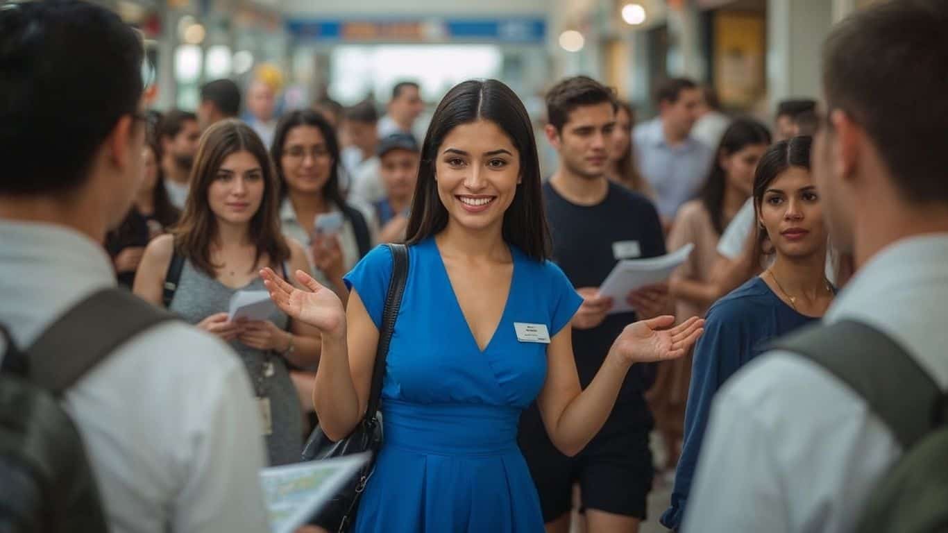 A tour guide business owner showing her customers the tour. 