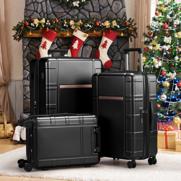 3-Piece Black ABS/PC Luggage Set with Wet/Dry Compartment (20″-28″)