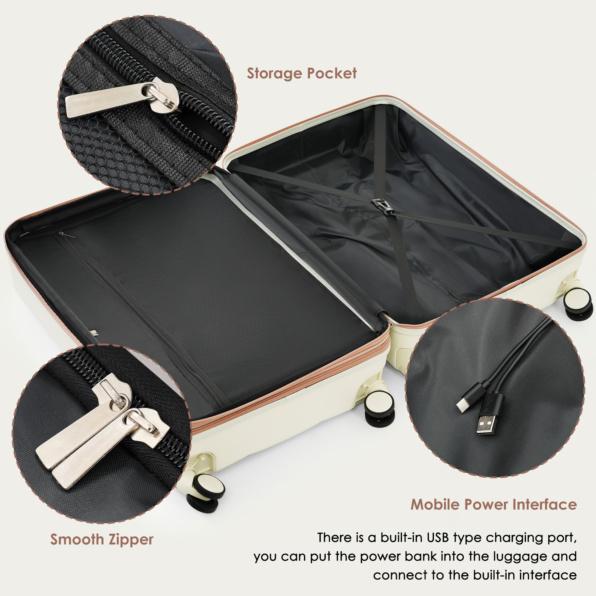Beige 4-Piece Expandable Luggage Set with USB Port & Spinner Wheels Beige 4-Piece Expandable Luggage Set with USB Port & Spinner Wheels - Image 7