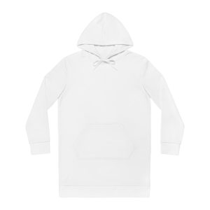Women's White Hoodie Dress - Minimal Blue Script Accent Cozy Pullover Dress