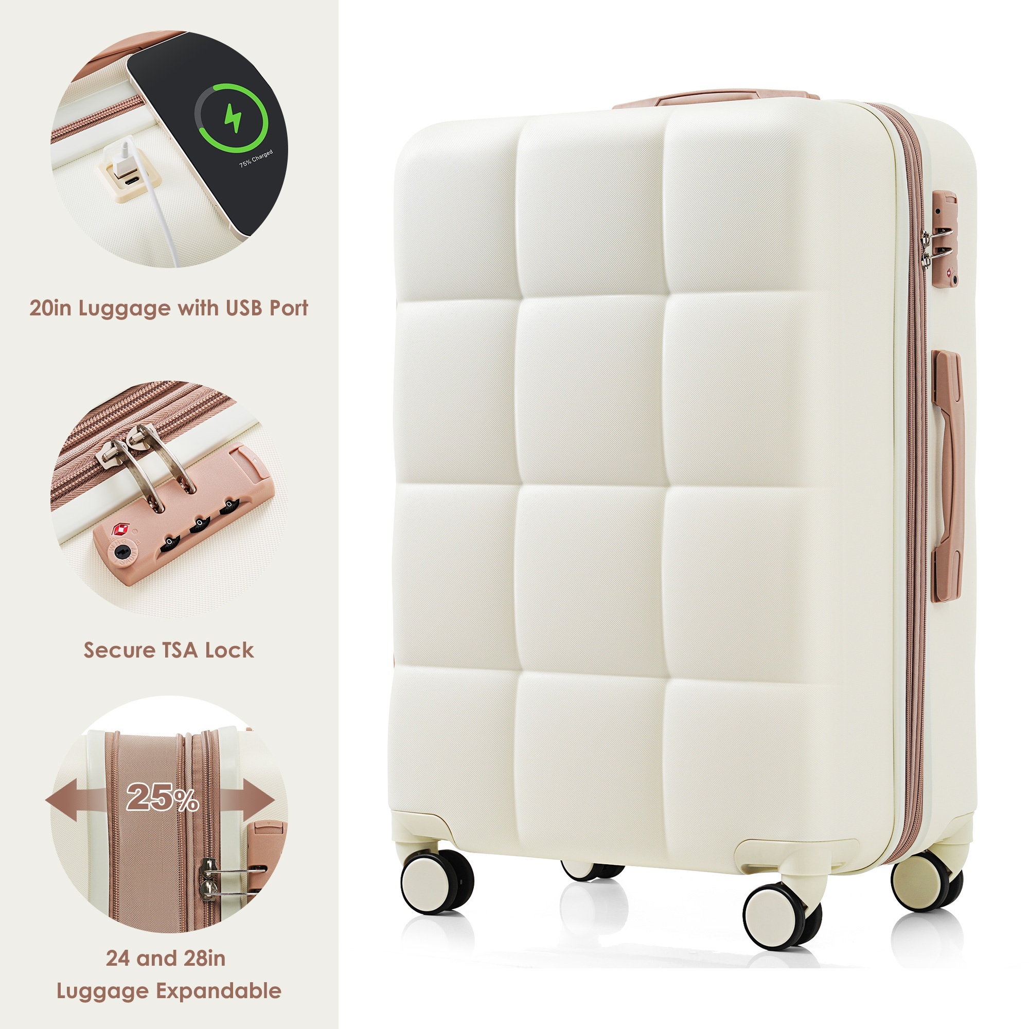 Beige 4-Piece Expandable Luggage Set with USB Port & Spinner Wheels Beige 4-Piece Expandable Luggage Set with USB Port & Spinner Wheels - Image 8